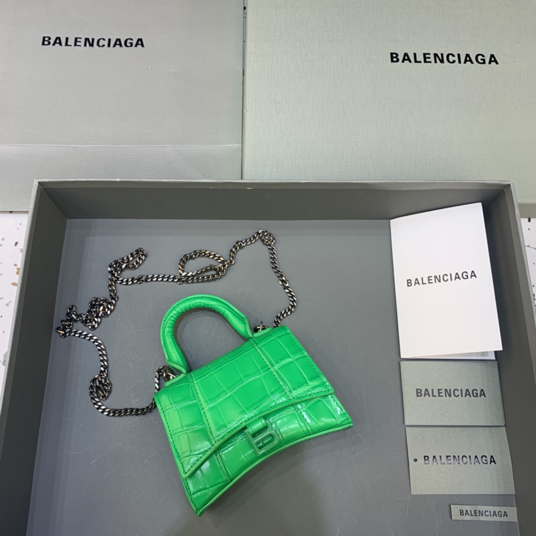 Balenciaga Hourglass Mini Handbag With Chain Crocodile Embossed Shoulder Bag Green